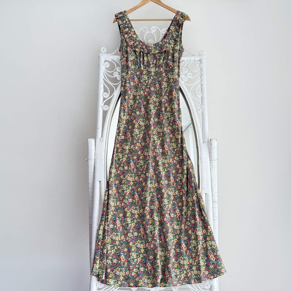 DÔEN Cascade Dress Womens Medium Floral 100% Silk Maxi Ruffle Sundress Feminine